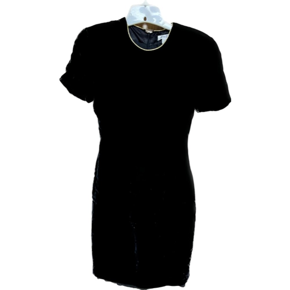 Vintage 80s/90s ANN TAYLOR Black VELVET Dress Short Sleeve Size 4 Gold Trim